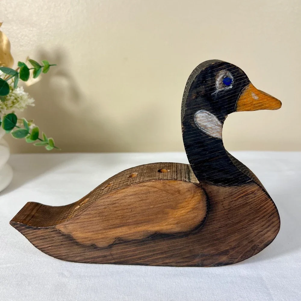 Vintage 1988 Hand-Carved Painted Wooden Duck Pencil Holder